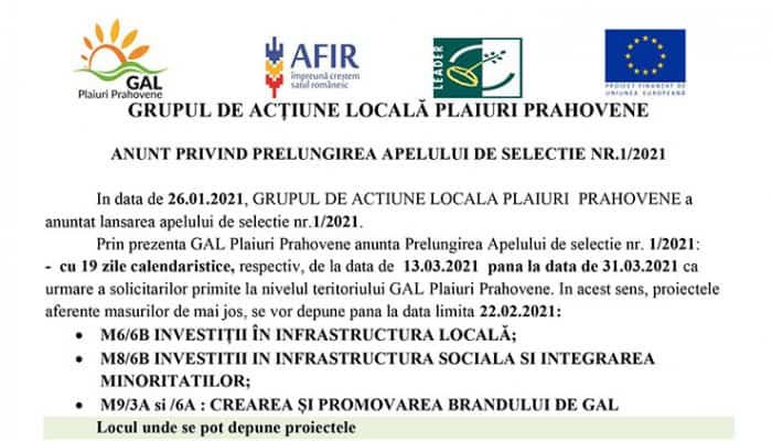 ANUNT PRIVIND PRELUNGIREA APELULUI DE SELECTIE NR.1/2021